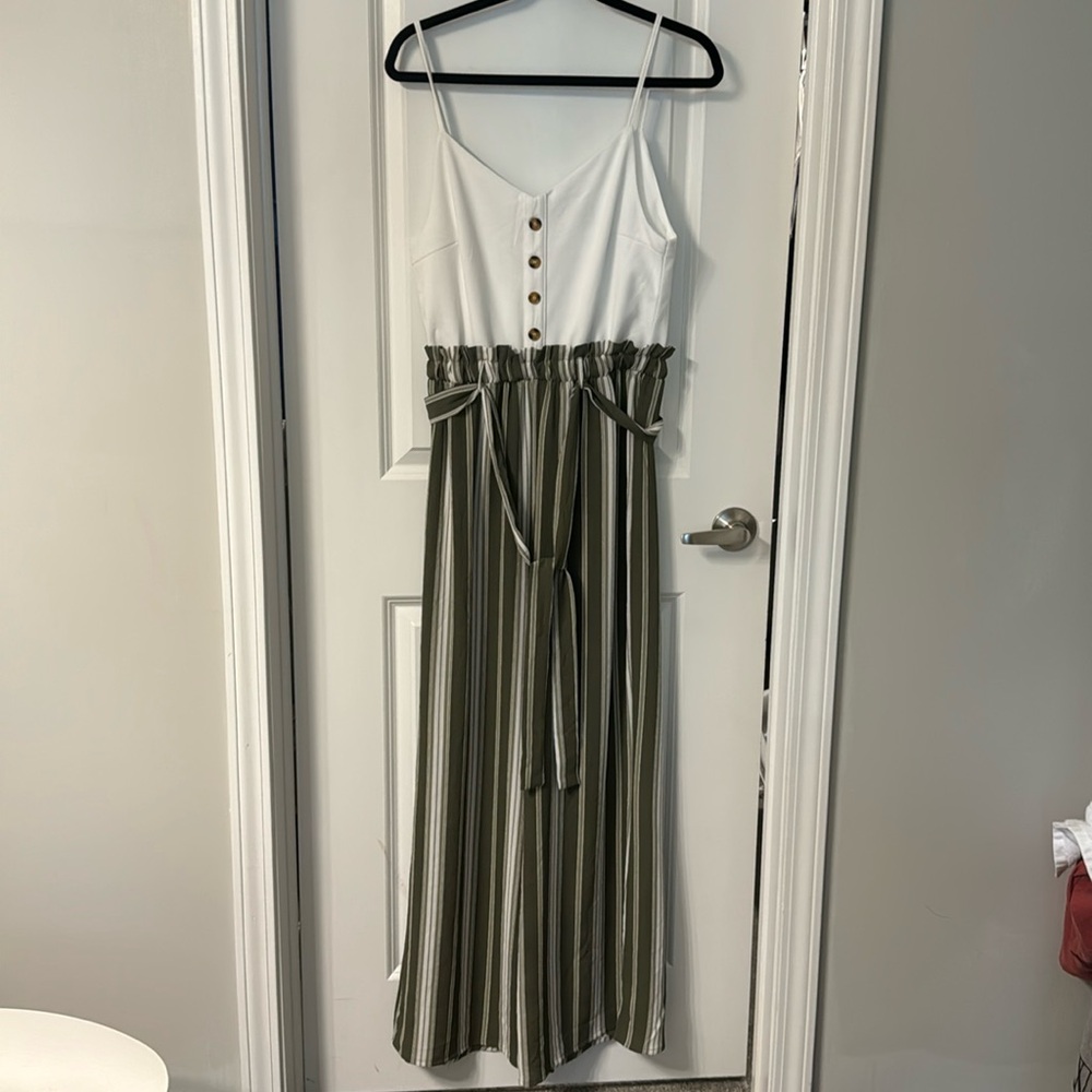 Brand new blue rain olive striped jumpsuit